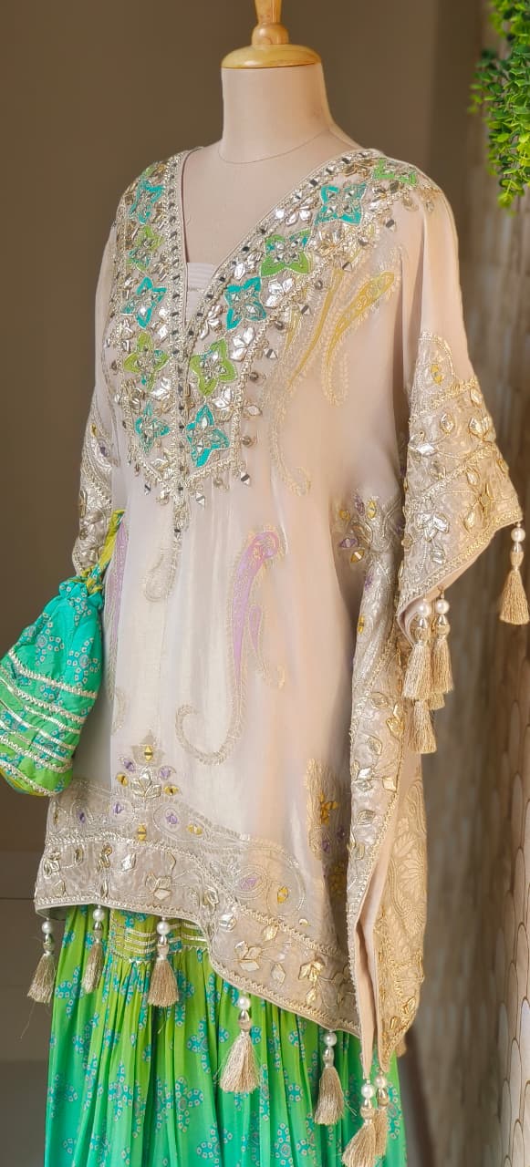 Real Mirror With Gotta Work Golden Finishing Lace With Golden Tassel Kaftan With Gotta & Lace Layered Vibrant Sharara Bottom & Potli- 12492