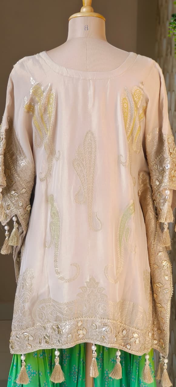Real Mirror With Gotta Work Golden Finishing Lace With Golden Tassel Kaftan With Gotta & Lace Layered Vibrant Sharara Bottom & Potli- 12492
