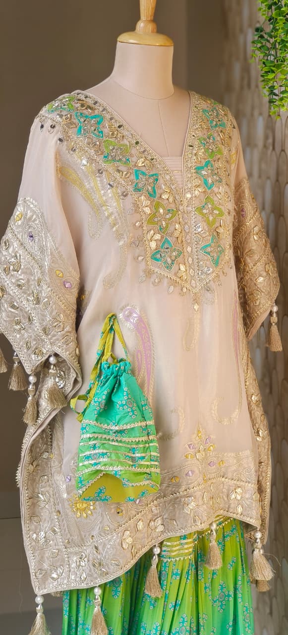 Real Mirror With Gotta Work Golden Finishing Lace With Golden Tassel Kaftan With Gotta & Lace Layered Vibrant Sharara Bottom & Potli- 12492