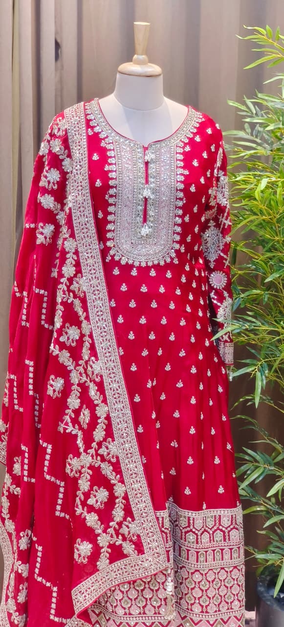 Zarbaft Regal Royal Zari Embroidered Pearl Tasseled Anarkali Full Suit Set With Heavily Worked Dupatta & Loose Bottom- 12450