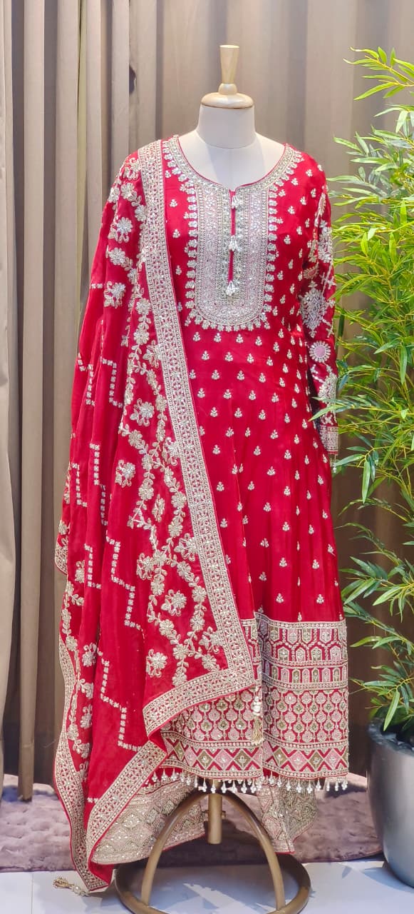 Zarbaft Regal Royal Zari Embroidered Pearl Tasseled Anarkali Full Suit Set With Heavily Worked Dupatta & Loose Bottom- 12450