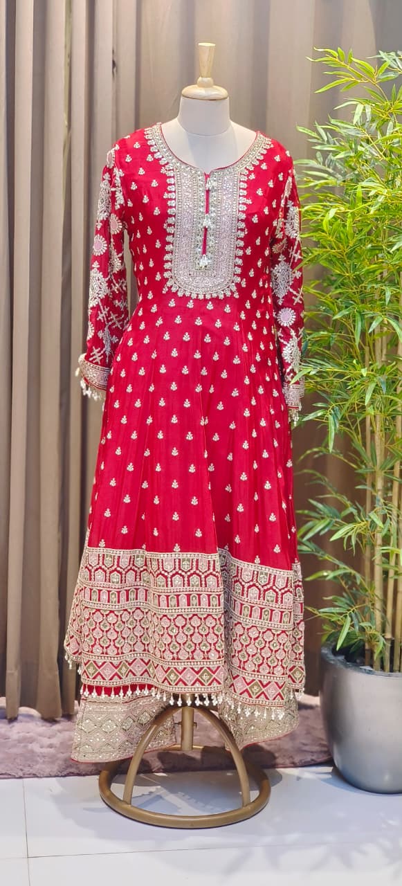 Zarbaft Regal Royal Zari Embroidered Pearl Tasseled Anarkali Full Suit Set With Heavily Worked Dupatta & Loose Bottom- 12450