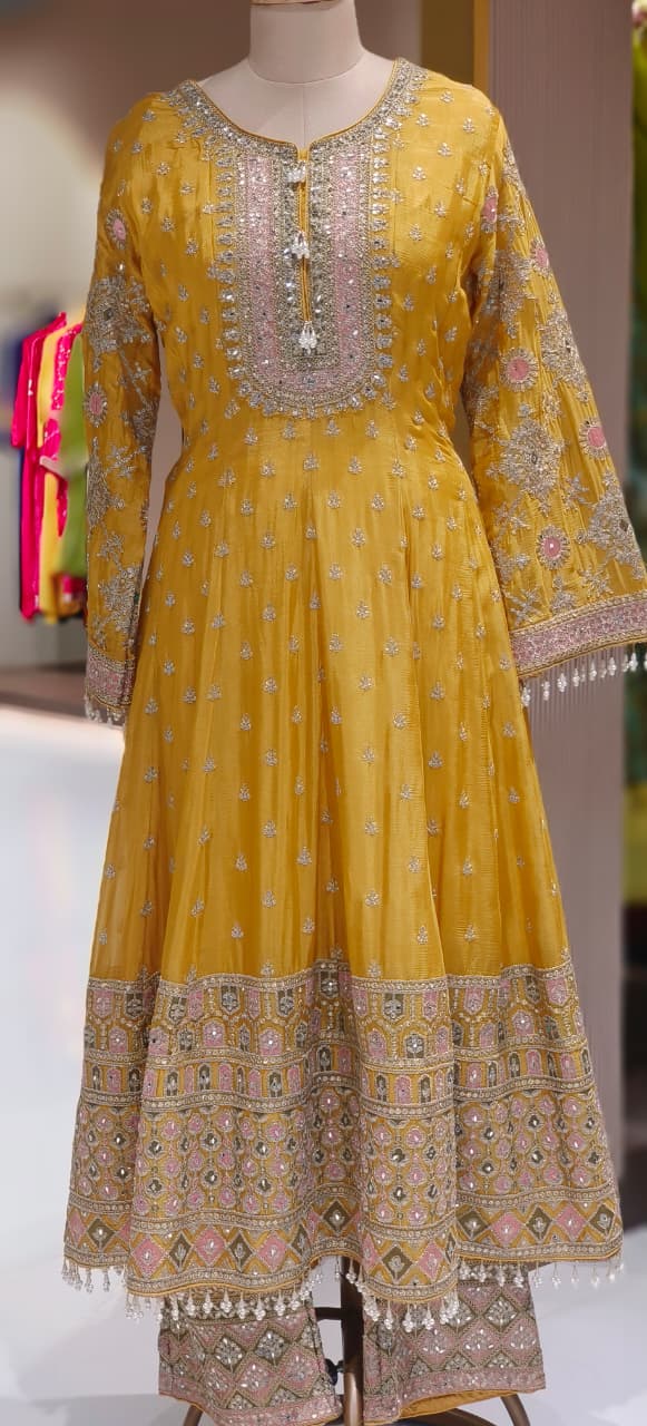 Zarbaft Regal Royal Zari Embroidered Pearl Tasseled Anarkali Full Suit Set With Heavily Worked Dupatta & Loose Bottom- 12450