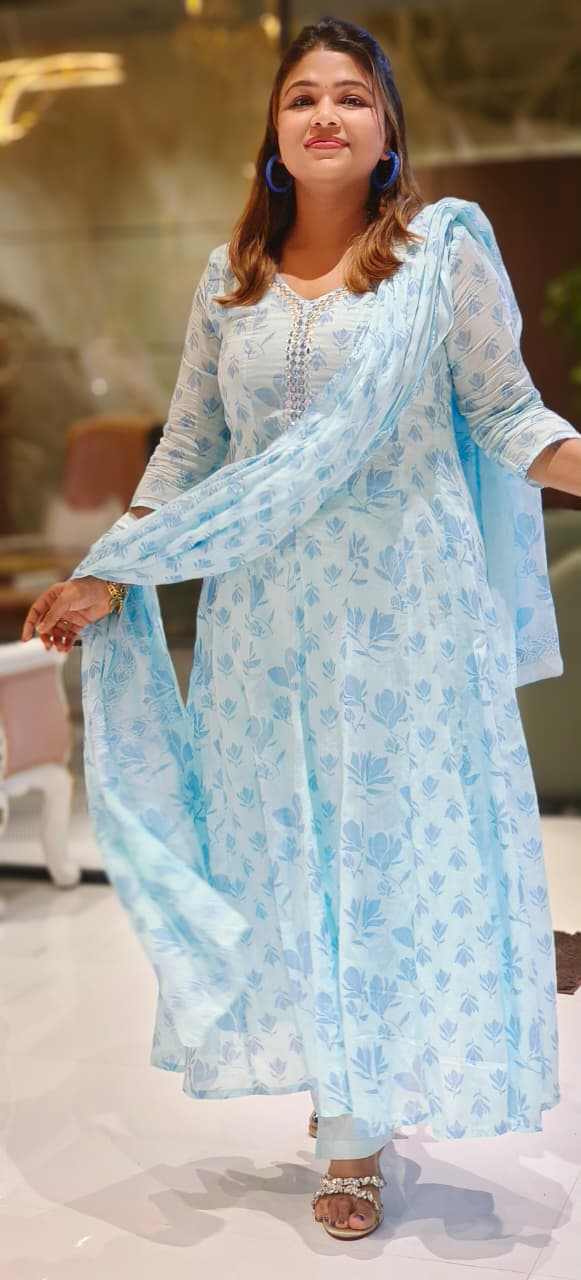 Mirror Neck Line Leafy Elegance Printed Panel Anarkali Full Suit Set With Dupatta In Mul-Cotton Fabric- 12813 (DISPACHING AFTER 10 DAYS)