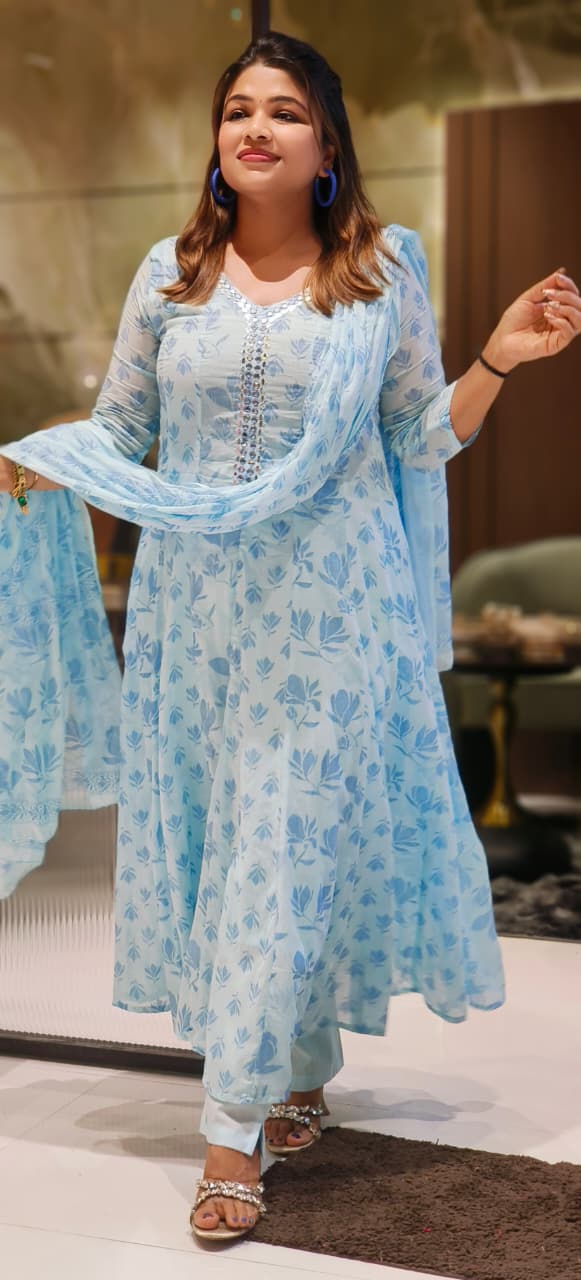 Mirror Neck Line Leafy Elegance Printed Panel Anarkali Full Suit Set With Dupatta In Mul-Cotton Fabric- 12813 (DISPACHING AFTER 10 DAYS)