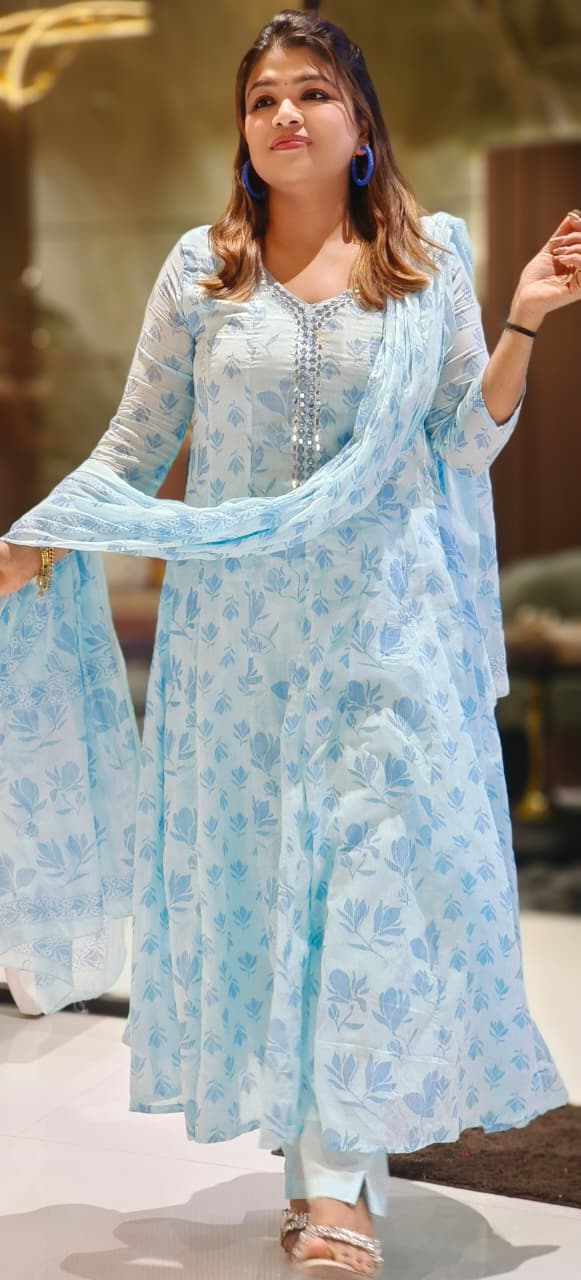 Mirror Neck Line Leafy Elegance Printed Panel Anarkali Full Suit Set With Dupatta In Mul-Cotton Fabric- 12813 (DISPACHING AFTER 10 DAYS)