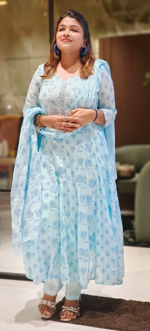 Mirror Neck Line Leafy Elegance Printed Panel Anarkali Full Suit Set With Dupatta In Mul-Cotton Fabric- 12813 (DISPACHING AFTER 10 DAYS)