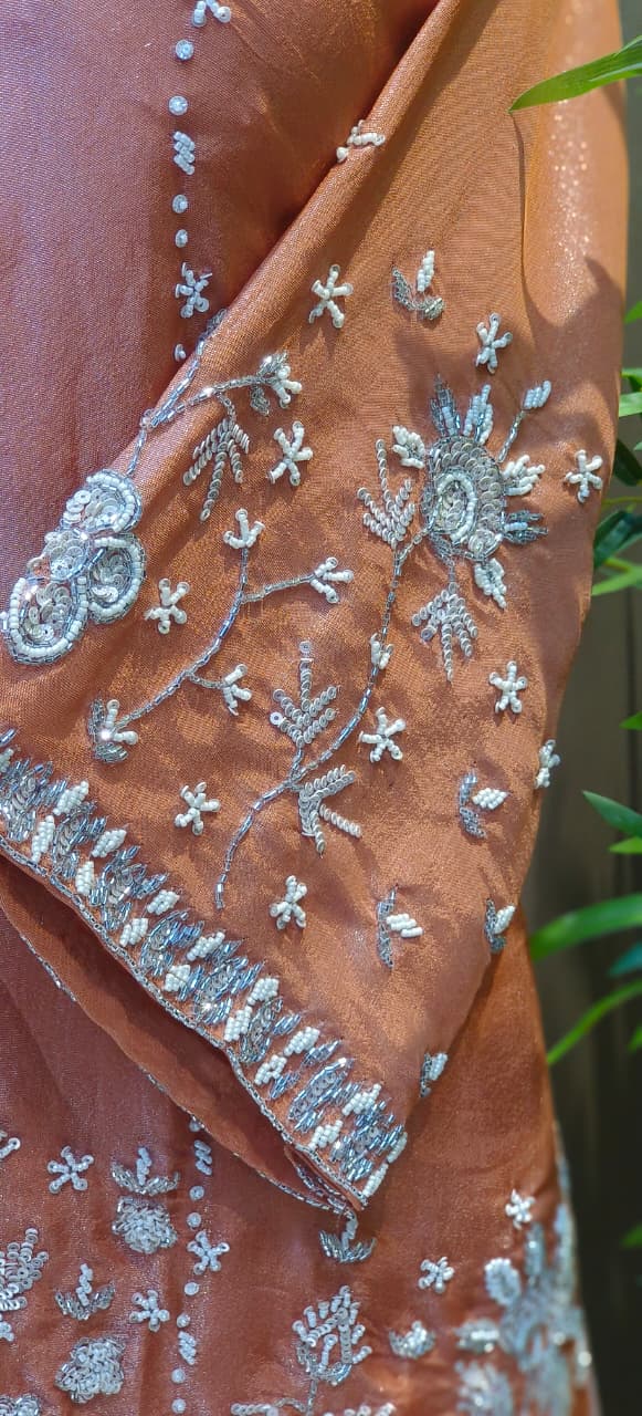 Elegant Tissue Pearl With Sequin Work Indo Western Buster With Loose Bottom & Rounded Neck Kurta- 12729