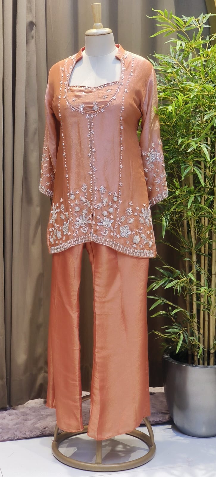 Elegant Tissue Pearl With Sequin Work Indo Western Buster With Loose Bottom & Rounded Neck Kurta- 12729