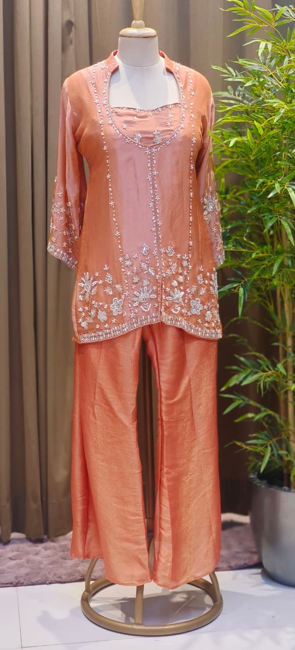 Elegant Tissue Pearl With Sequin Work Indo Western Buster With Loose Bottom & Rounded Neck Kurta- 12729