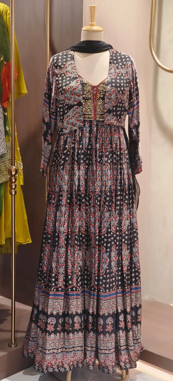 Beautiful Neckline Ajrak Print Tiny Foil Upwork Flared Sleeveless Gown With Detachable Jacket & Scarf- 12760