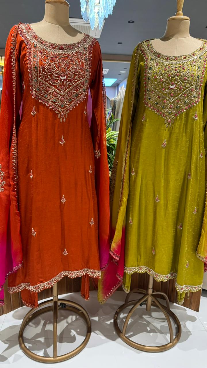 Grand Front Work A-Line Full Suit Set With Heavily Work Dual-Tone Dupatta In Dola Silk Fabric- 12791, 12792