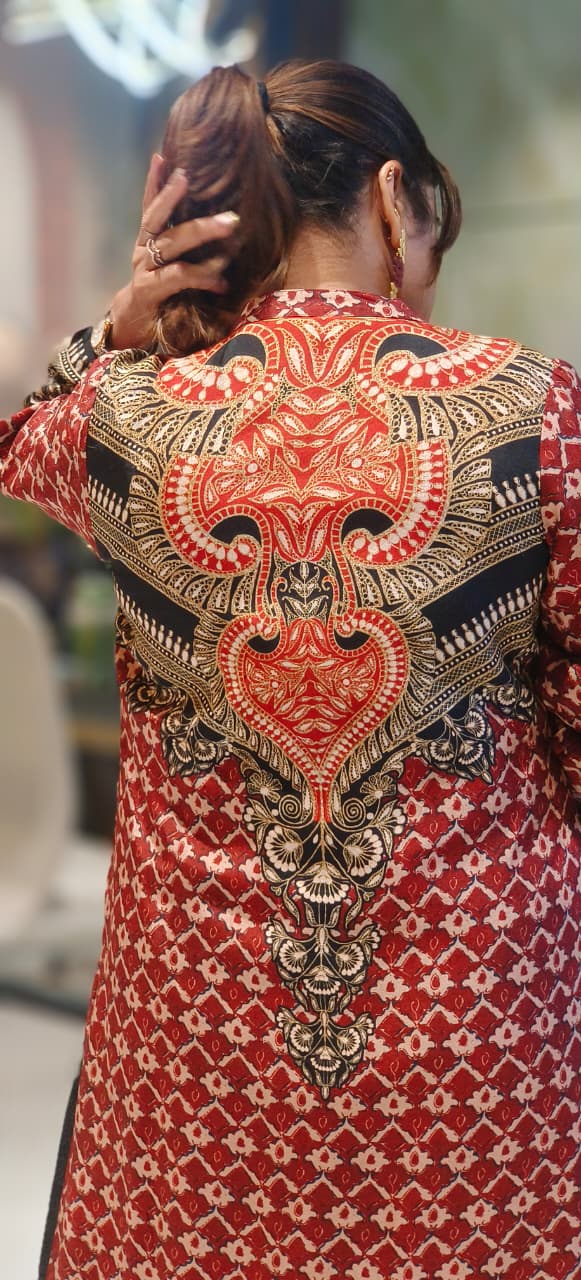 Traditional Ajrakh-Inspired Printed Long Shrug With Contrast Black Inner With Loose Palazzo Set In Russian Silk Fabric-12800,12801