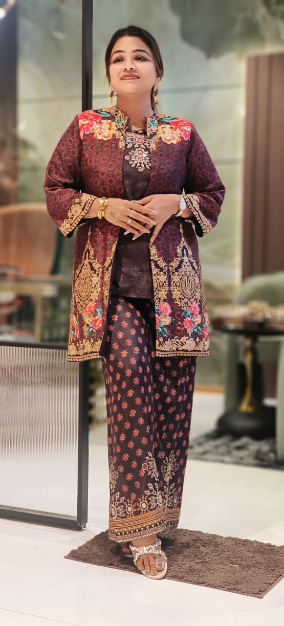 Traditional Ajrakh-Inspired Printed Long Shrug With Contrast Black Inner With Loose Palazzo Set In Russian Silk Fabric-12800,12801