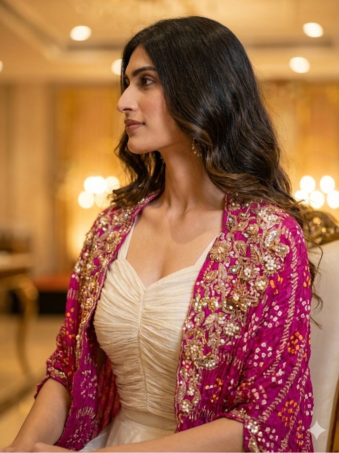 Bandhej Glance Handworked Cape With Plated Crop Top & Plain Skirt- 12685