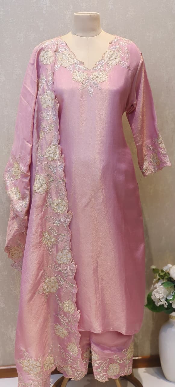 Floral Cut-Work Elegance With Stone Beaded Tissue Full Suit Set With Dupatta- 12744, 12745