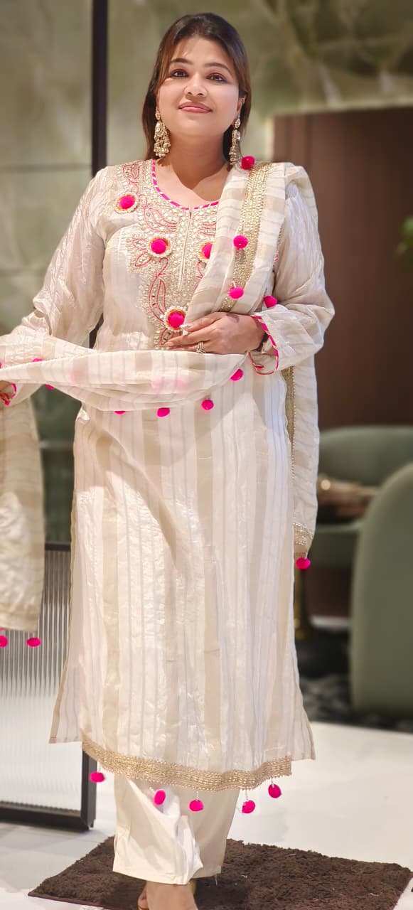 Gotta Work Very Beautiful Front Yoke Golden Striped Full Suit Set With Pom-Pom Dupatta In Tissue Fabric-12873