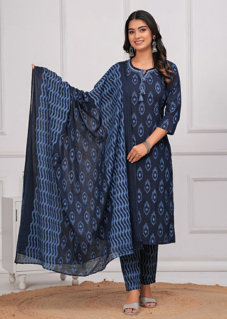 Breathable Cotton Ikat Print Straight Kurta Set with Matching Bottoms & Dupatta