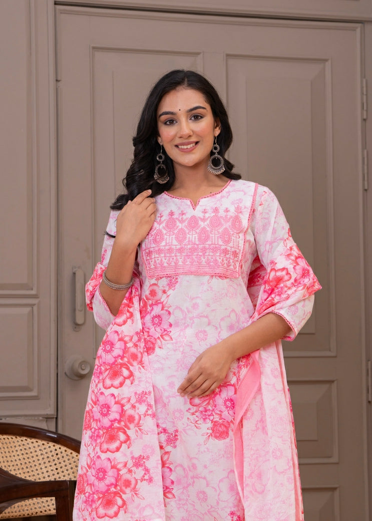 Lightweight Pure Cotton Printed Suit Set with Straight Kurta, Coordinated Bottom & Flowing Dupatta