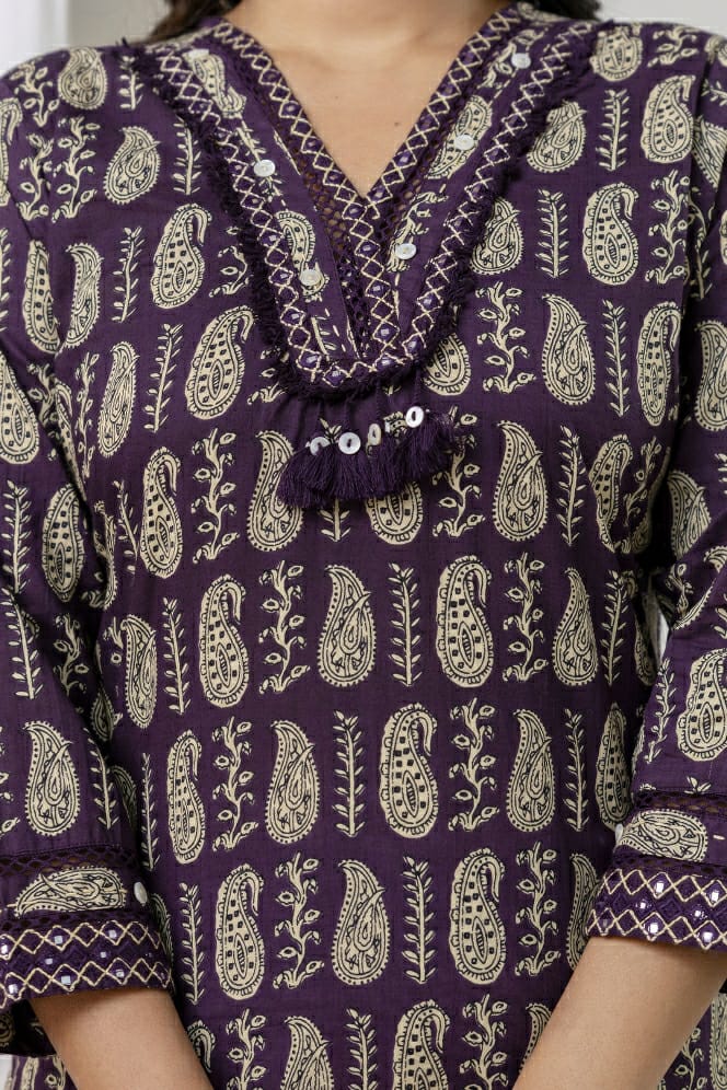 Cotton Three-Piece Suit Set with Traditional Block-Style Prints & Cream Border Dupatta