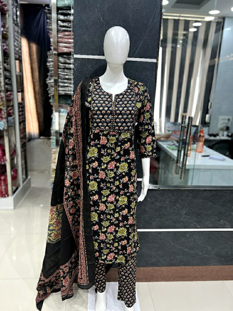 Classic Black Cotton Suit Set with All-Over Floral Prints, Straight Kurta & Beautiful Ethnic Dupatta