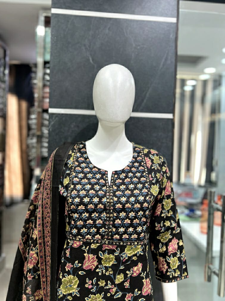 Classic Black Cotton Suit Set with All-Over Floral Prints, Straight Kurta & Beautiful Ethnic Dupatta