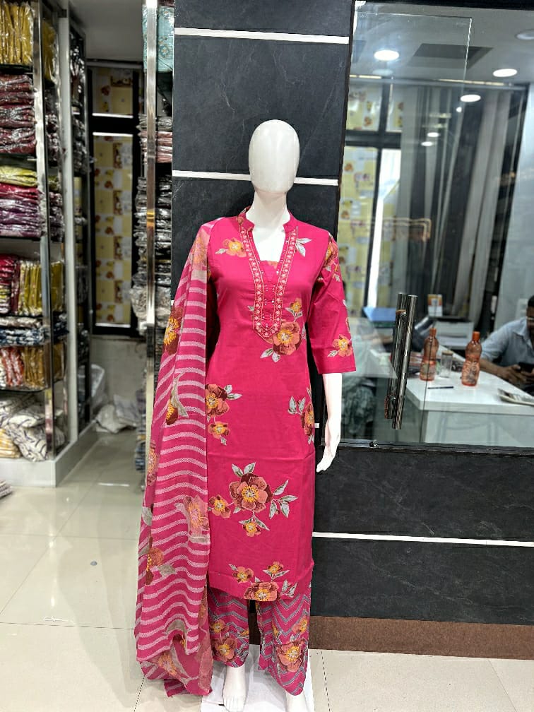 Elegant Pink Floral Printed Kurta with Matching Pant & Striped Floral Dupatta