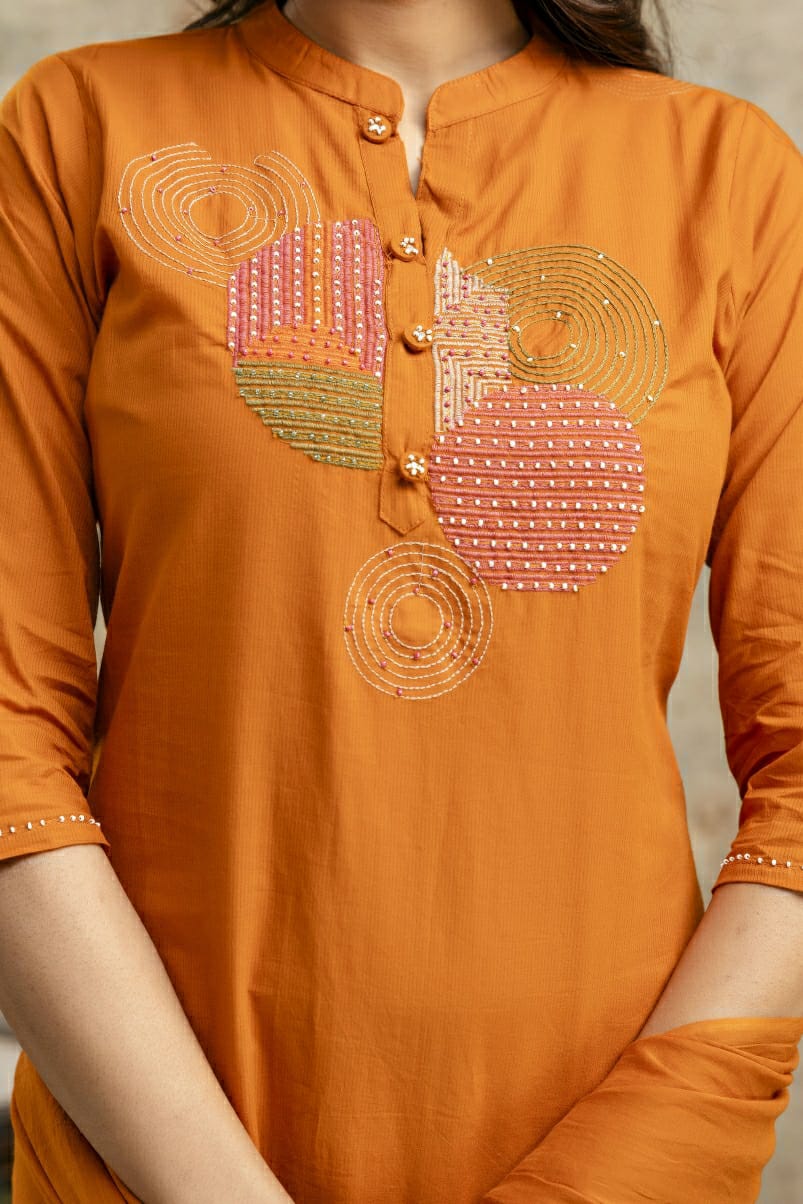 Elegant Cotton Suit Set with Multi-Coloured Circle Embroidery & Matching Dupatta and Bottom