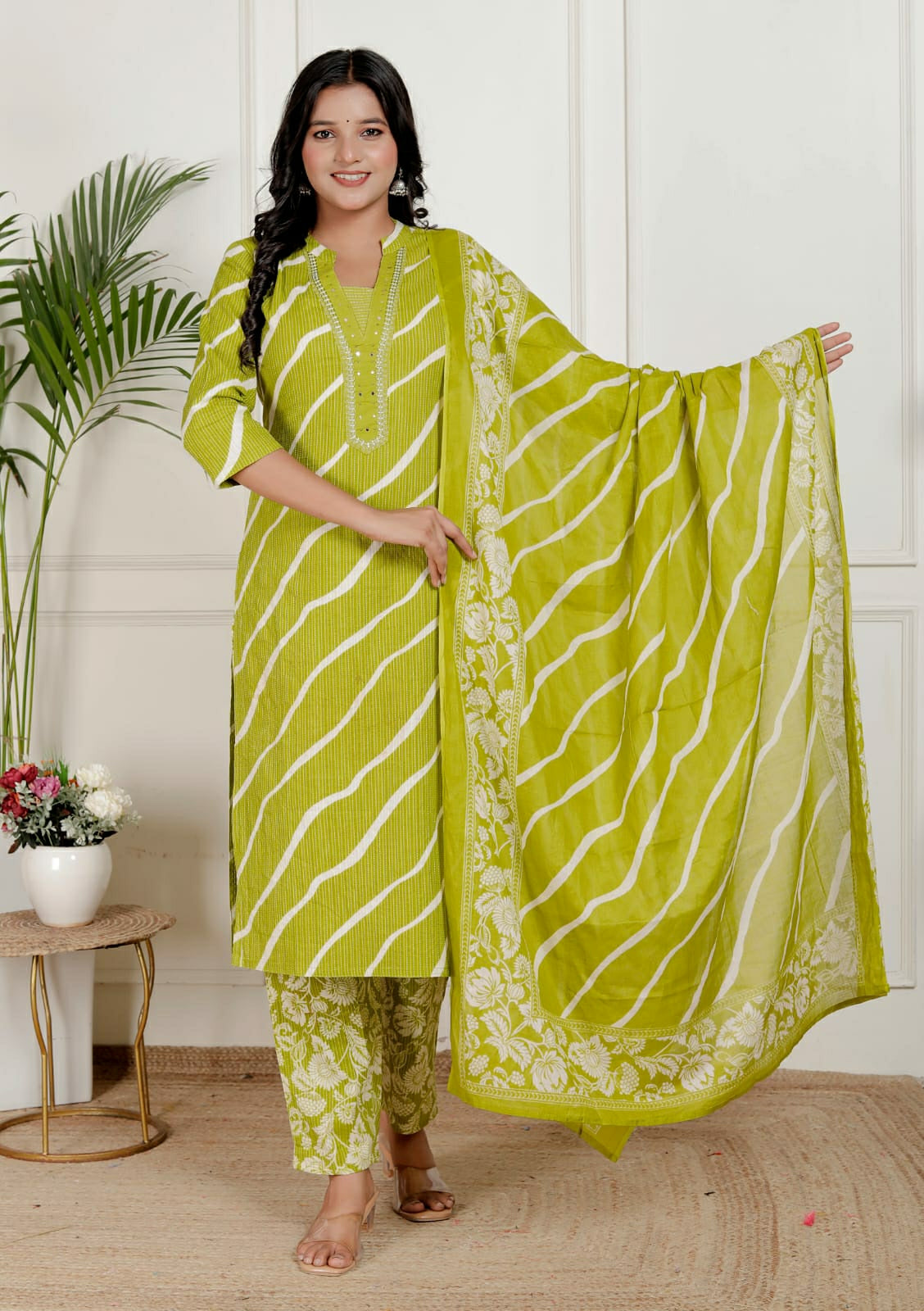 Lehriya Printex Cotton Bright Stripe Kurta Set with Floral Pant and Printed Border Dupatta