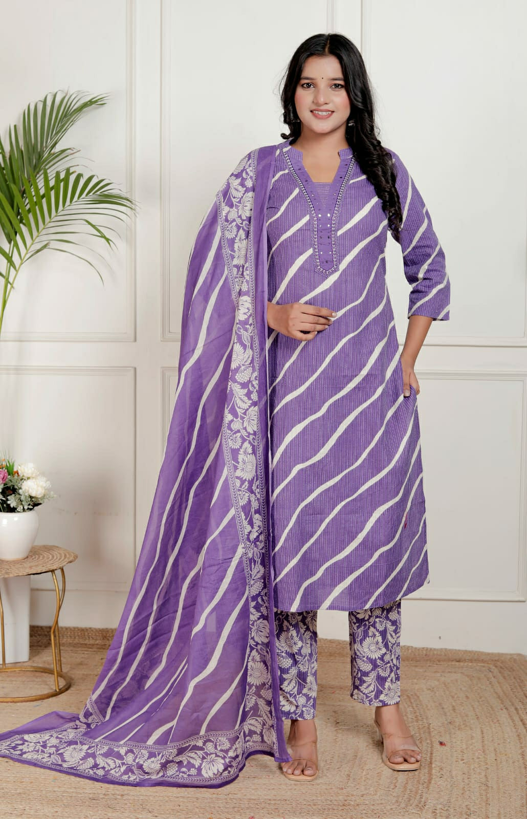 Lehriya Printex Cotton Bright Stripe Kurta Set with Floral Pant and Printed Border Dupatta