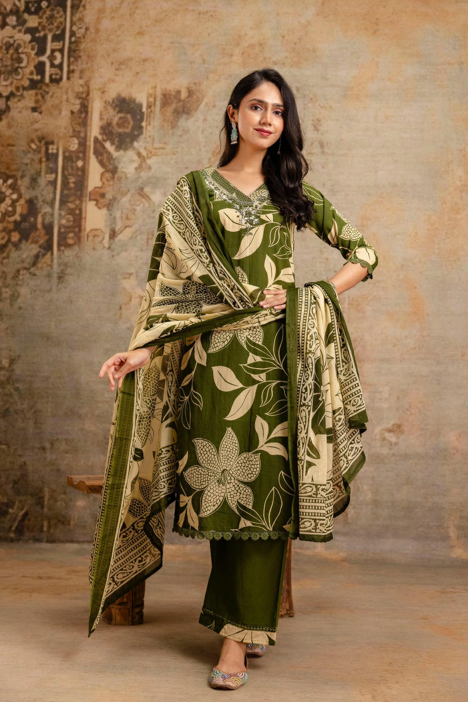 Cotton Bold Floral Print Ethnic Suit Set with Coordinated Bottom & Lightweight Dupatta
