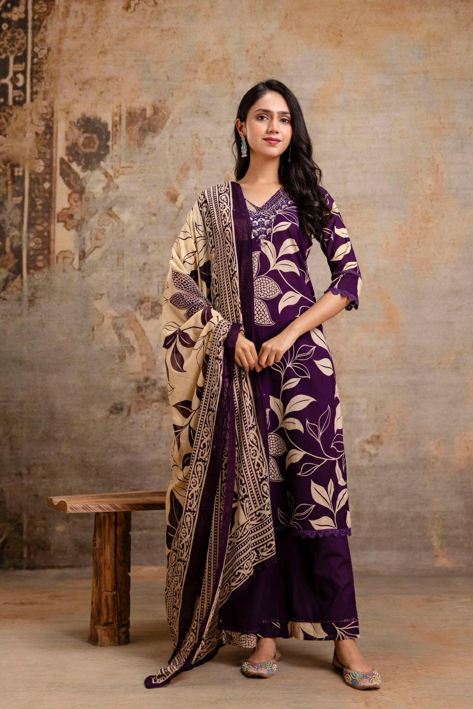 Cotton Bold Floral Print Ethnic Suit Set with Coordinated Bottom & Lightweight Dupatta