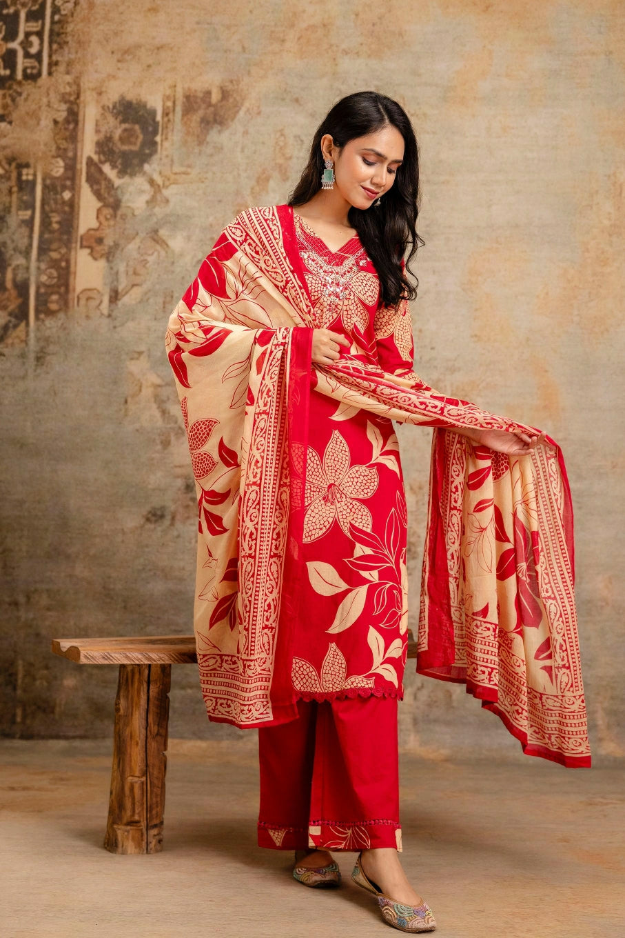 Cotton Bold Floral Print Ethnic Suit Set with Coordinated Bottom & Lightweight Dupatta