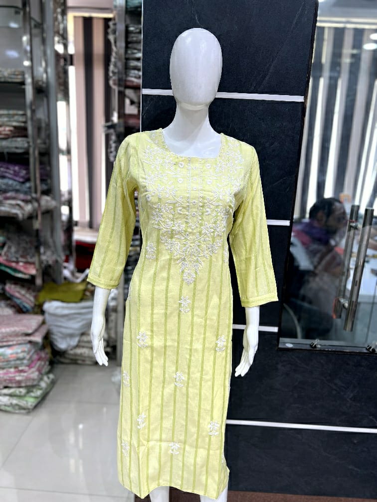 Daily Wear Comfort Fit Elegant Striped Cotton Kurti with Intricate Thread Embroidery