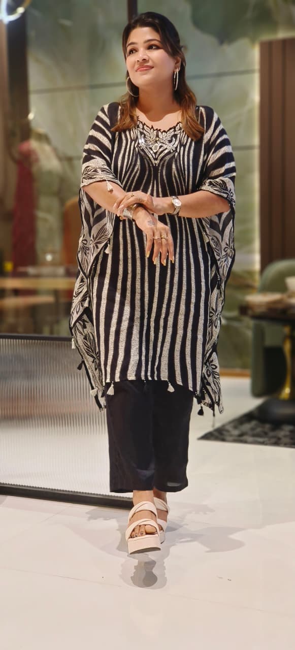 Elegant Georgette Monochrome Striped Kaftan-Style Kurta with Floral Border & Soft solid Bottom- 12905