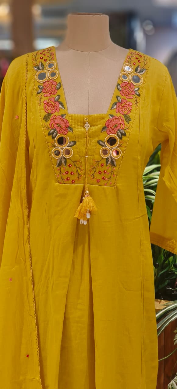 Real Mirror Floral Embroidery Tasseled Yoke A-Line Full Suit Set With Dupatta In Mul Cotton Fabric- 12935