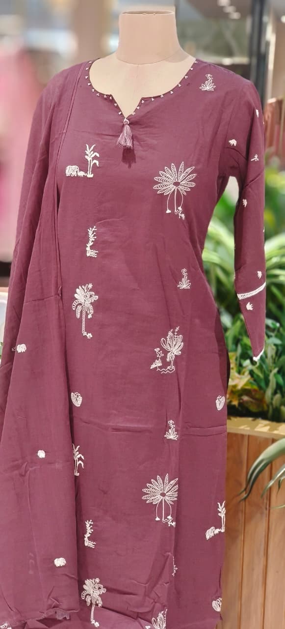 Tree Thread Embroidered Unique Neck Line Solid Cotton Full Suit Set With Dupatta