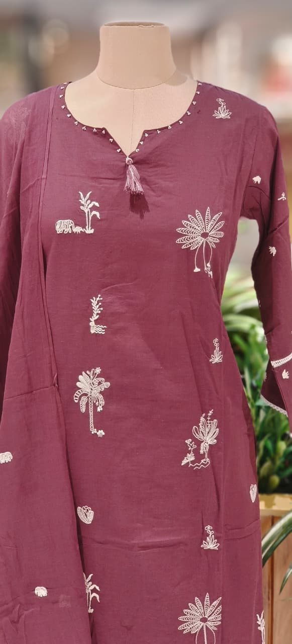 Tree Thread Embroidered Unique Neck Line Solid Cotton Full Suit Set With Dupatta
