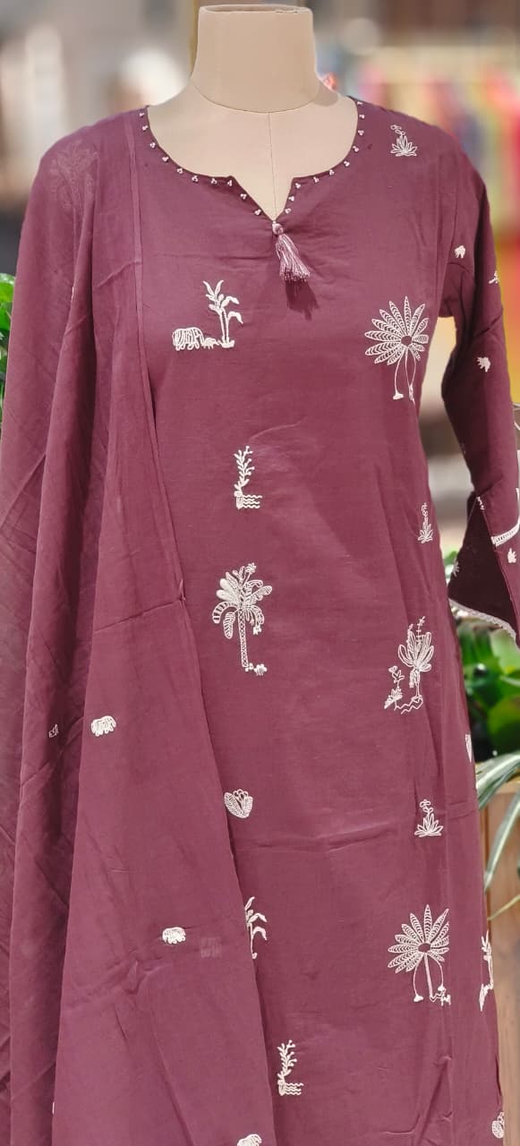 Tree Thread Embroidered Unique Neck Line Solid Cotton Full Suit Set With Dupatta