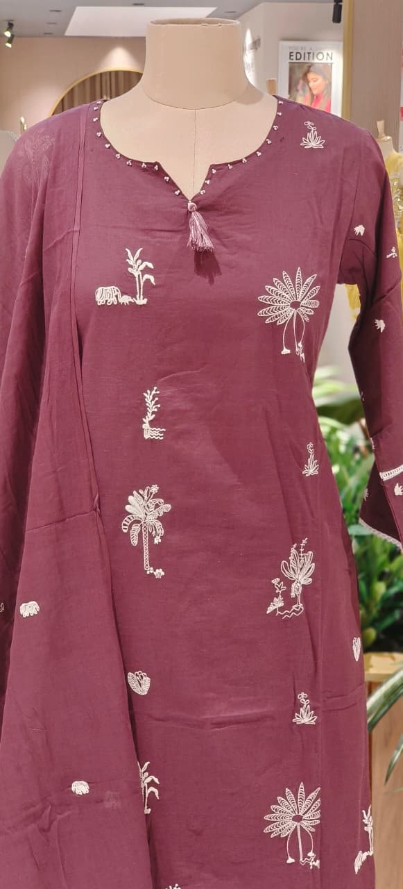 Tree Thread Embroidered Unique Neck Line Solid Cotton Full Suit Set With Dupatta
