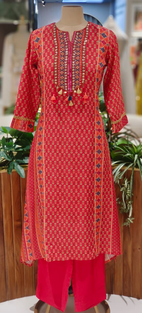 Vibrant Color Rajasthani Look High Low Tasseled Kurta Pant Set-12923,25,24