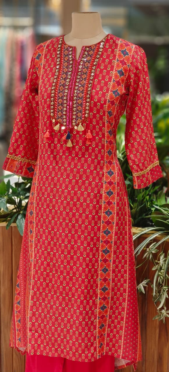 Vibrant Color Rajasthani Look High Low Tasseled Kurta Pant Set-12923,25,24