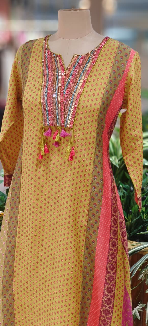 Vibrant Color Rajasthani Look High Low Tasseled Kurta Pant Set-12923,25,24