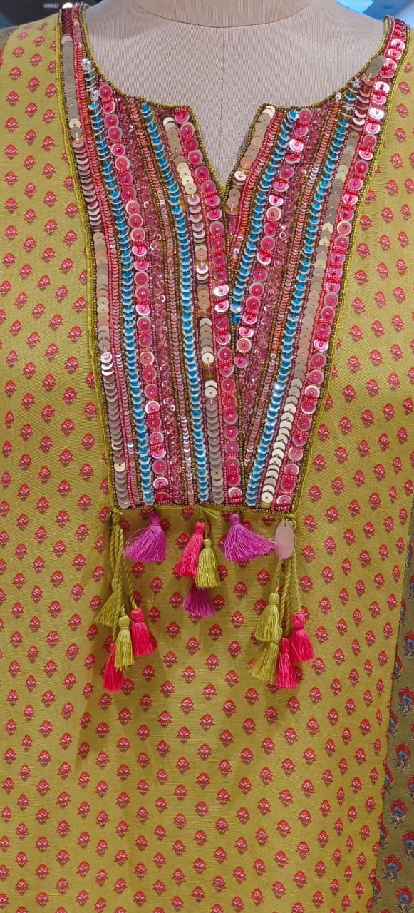 Vibrant Color Rajasthani Look High Low Tasseled Kurta Pant Set-12923,25,24