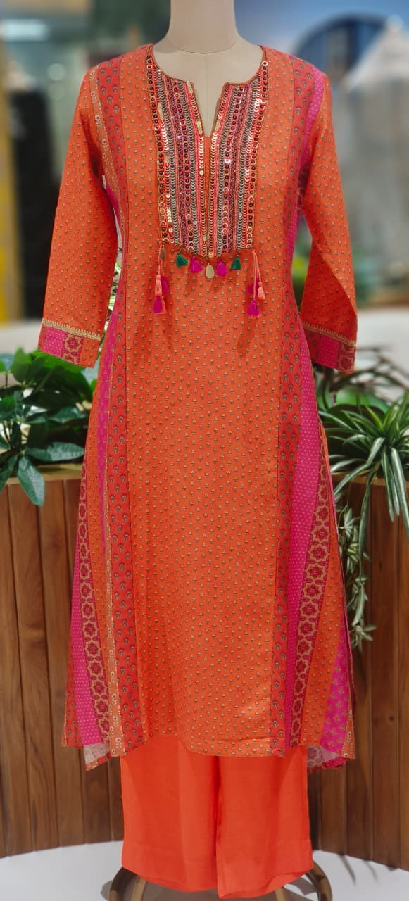 Vibrant Color Rajasthani Look High Low Tasseled Kurta Pant Set-12923,25,24