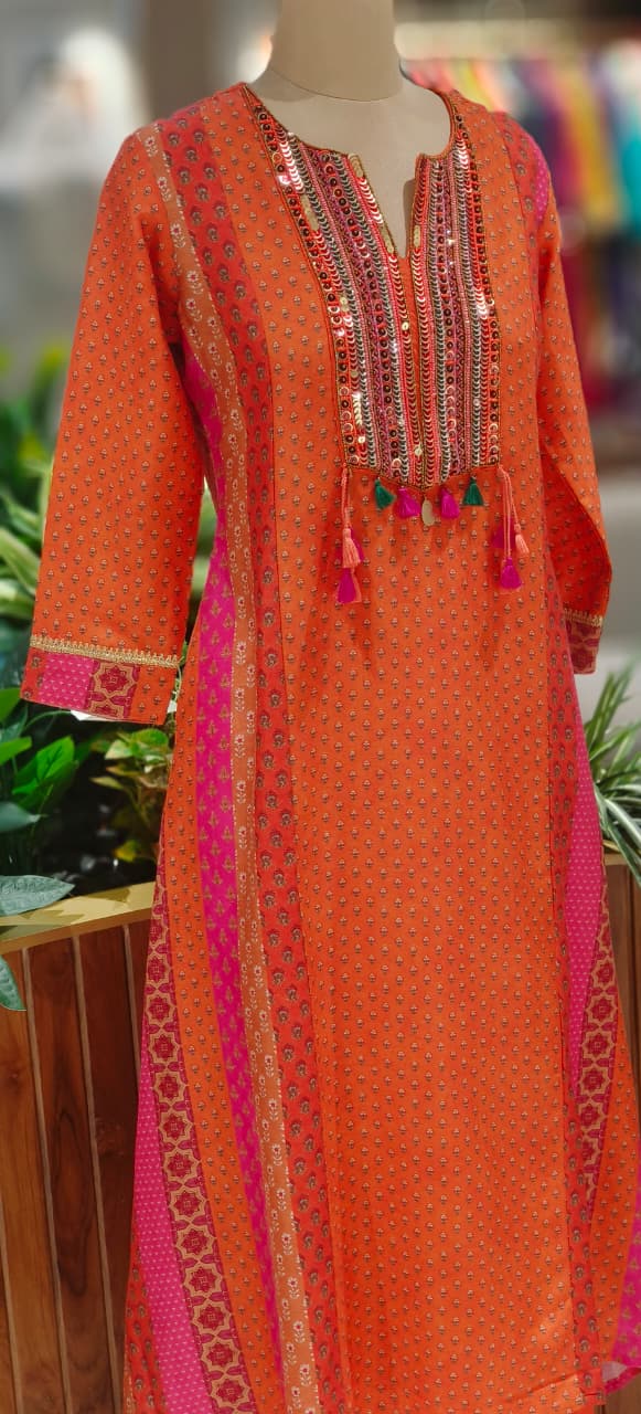 Vibrant Color Rajasthani Look High Low Tasseled Kurta Pant Set-12923,25,24