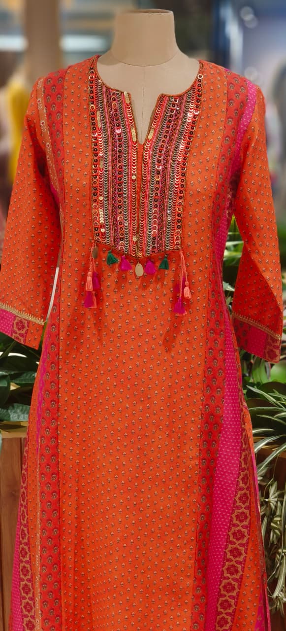 Vibrant Color Rajasthani Look High Low Tasseled Kurta Pant Set-12923,25,24