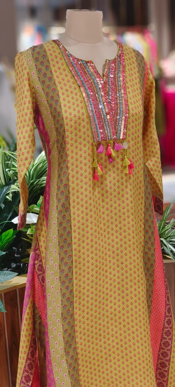 Vibrant Color Rajasthani Look High Low Tasseled Kurta Pant Set-12923,25,24