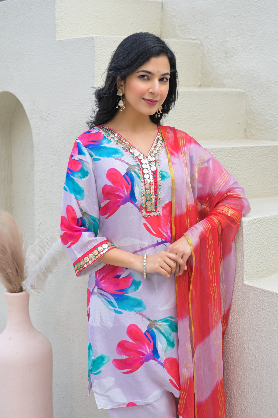 Floral Printed Beautiful Golden Neck Line Full Suit Set With Dupatta In Muslin Fabric- 12891