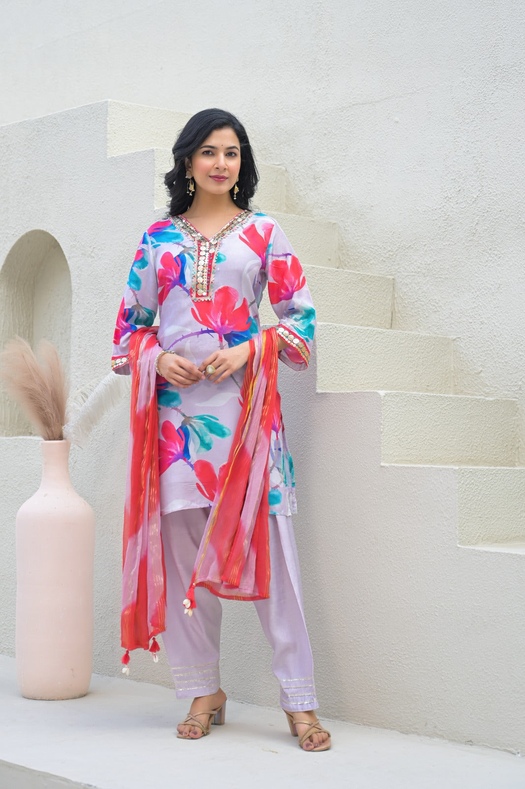 Floral Printed Beautiful Golden Neck Line Full Suit Set With Dupatta In Muslin Fabric- 12891